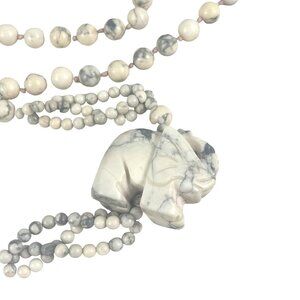 Vintage White Howlite Beaded Necklace With Elephant Pendant  30" Long